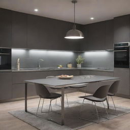 A sleek grey stainless steel kitchen table shining under the ambient light.