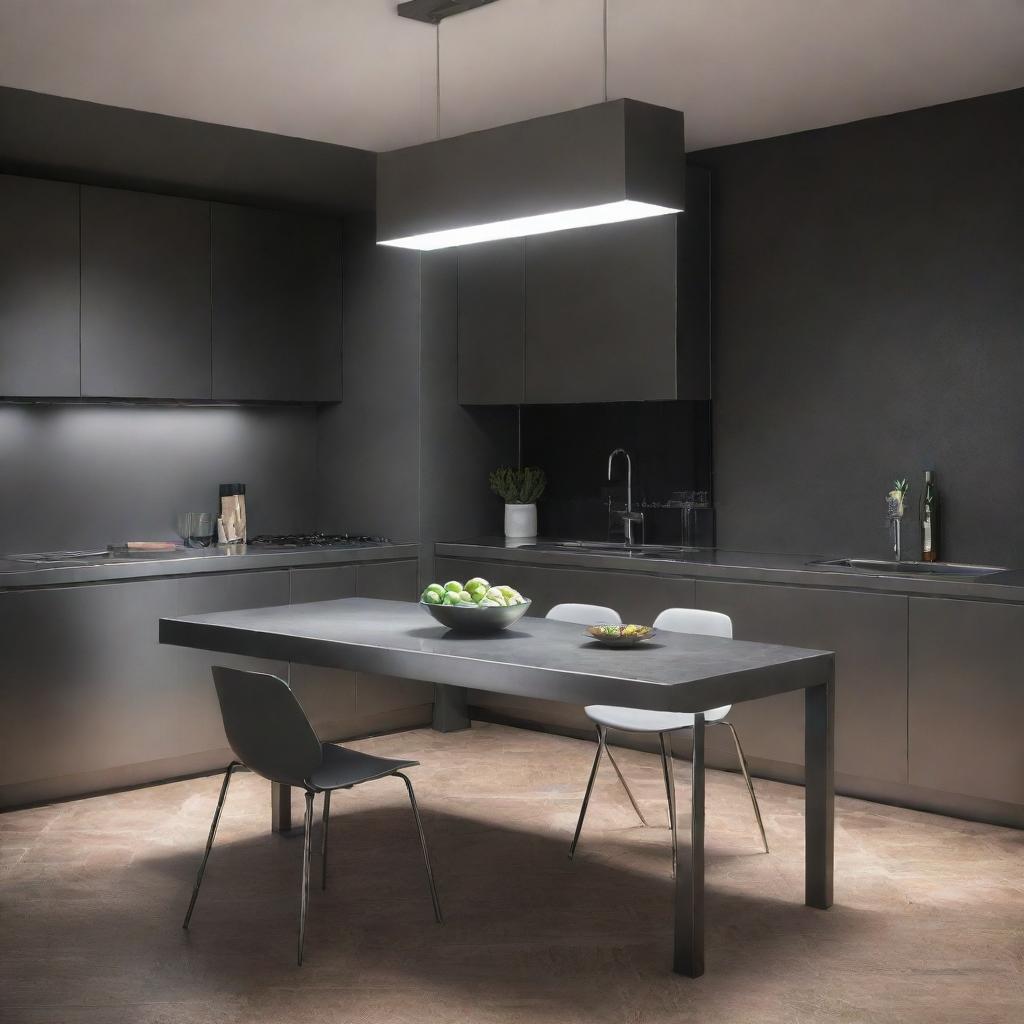 A sleek grey stainless steel kitchen table shining under the ambient light.