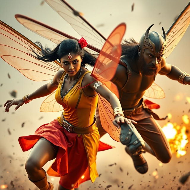 A cinematic superhero action movie poster featuring a 27-year-old Indian woman mutant with butterfly powers