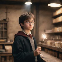 A young Harry Potter with circular glasses and a lightning bolt scar, in a dusty old shop, captivated by a magical wand he's about to purchase. The wand is glowing with magic.