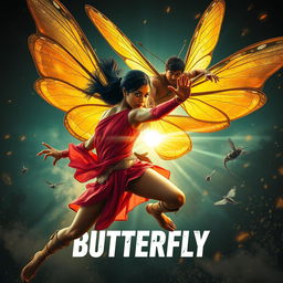 A cinematic superhero action movie poster featuring a 27-year-old Indian woman mutant with butterfly powers