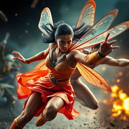 A cinematic superhero action movie poster featuring a 27-year-old Indian woman mutant with butterfly powers