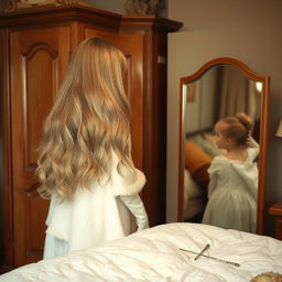 A warm and cozy bedroom scene featuring a mother with long, very soft and flowing hair, standing next to a wardrobe