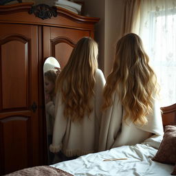 A warm and cozy bedroom scene featuring a mother with long, very soft and flowing hair, standing next to a wardrobe