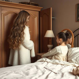 A warm and cozy bedroom scene featuring a mother with long, very soft and flowing hair, standing next to a wardrobe