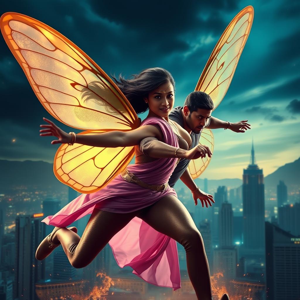 A cinematic superhero action movie poster featuring a 27-year-old Indian woman mutant with butterfly characteristics, wearing a sleek, single-color superhero costume that reflects traditional Indian attire