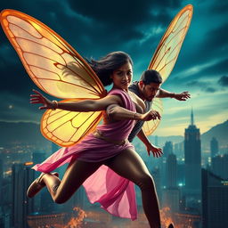 A cinematic superhero action movie poster featuring a 27-year-old Indian woman mutant with butterfly characteristics, wearing a sleek, single-color superhero costume that reflects traditional Indian attire