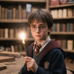 A young Harry Potter with circular glasses and a lightning bolt scar, in a dusty old shop, captivated by a magical wand he's about to purchase. The wand is glowing with magic.