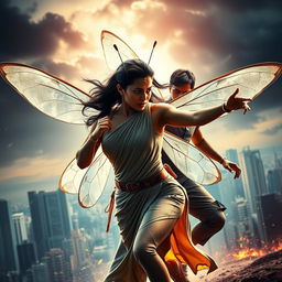 A cinematic superhero action movie poster featuring a 27-year-old Indian woman mutant with butterfly characteristics, wearing a sleek, single-color superhero costume that reflects traditional Indian attire