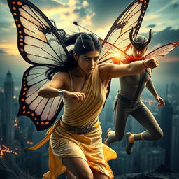 A cinematic superhero action movie poster featuring a 27-year-old Indian woman mutant with butterfly characteristics, wearing a sleek, single-color superhero costume that reflects traditional Indian attire