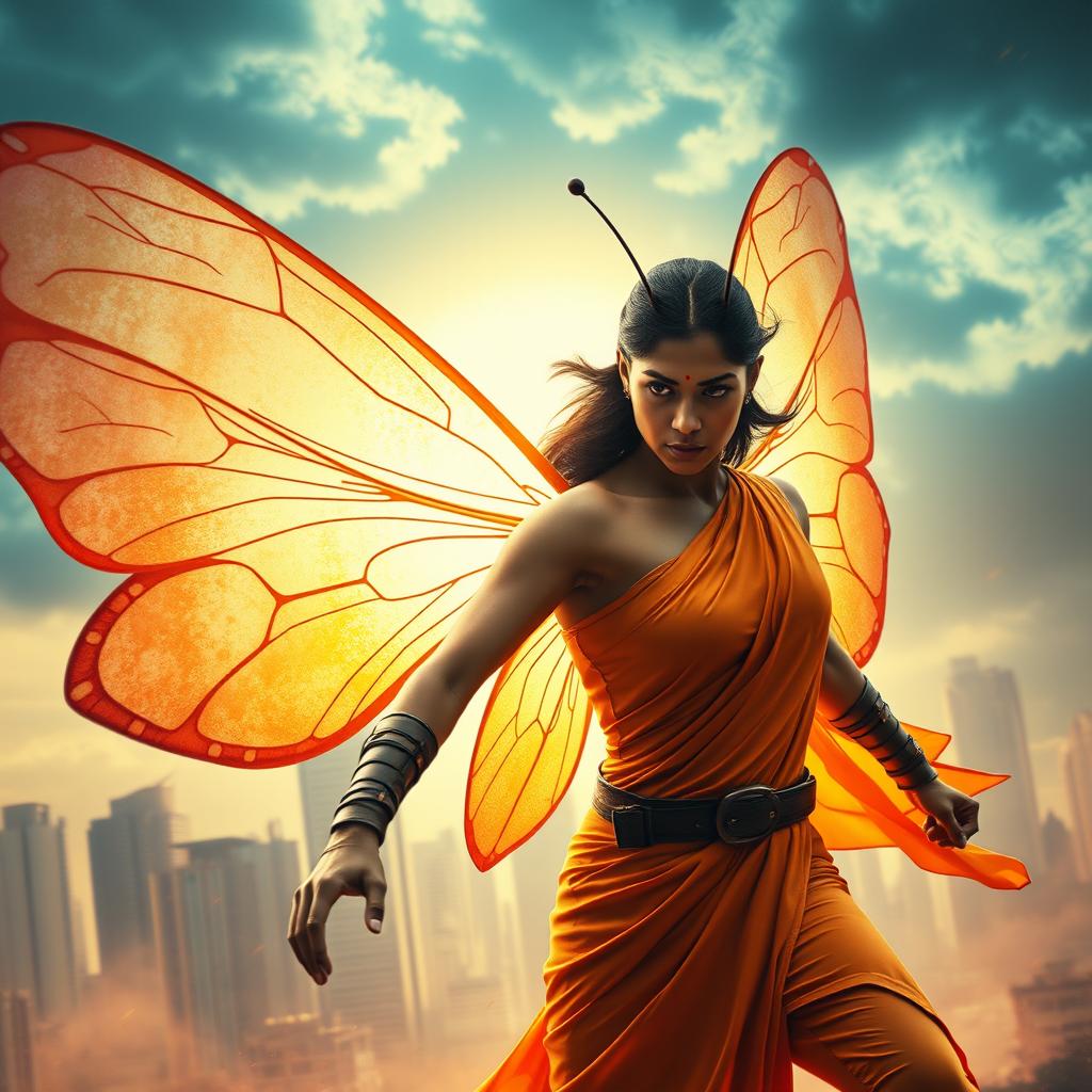 A cinematic superhero action movie poster featuring a 27-year-old Indian woman mutant with butterfly characteristics, wearing a sleek, single-color superhero costume that reflects traditional Indian attire