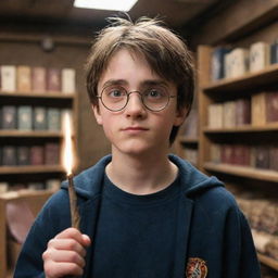 A young Harry Potter with circular glasses and a lightning bolt scar, in a dusty old shop, captivated by a magical wand he's about to purchase. The wand is glowing with magic.