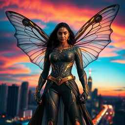 A cinematic superhero action movie poster featuring a 27-year-old Indian woman mutant with butterfly powers