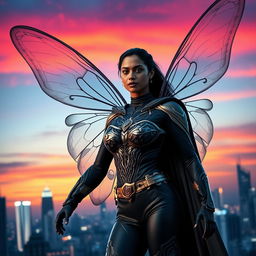 A cinematic superhero action movie poster featuring a 27-year-old Indian woman mutant with butterfly powers