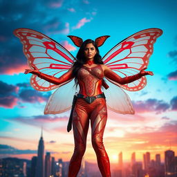 A cinematic superhero action movie poster featuring a 27-year-old Indian woman mutant with butterfly powers