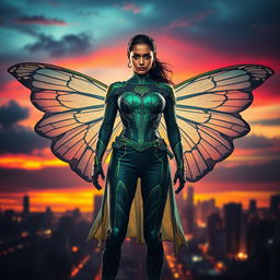 A cinematic superhero action movie poster featuring a 27-year-old Indian woman mutant with butterfly powers