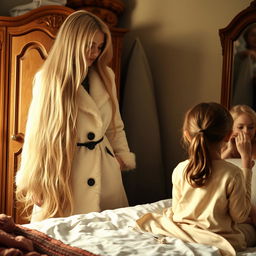 A warm and cozy bedroom scene depicting a mother with exceptionally long, soft, and flowing hair that is down and not tied, standing next to a wardrobe