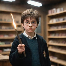 A young Harry Potter with circular glasses and a lightning bolt scar, in a dusty old shop, captivated by a magical wand he's about to purchase. The wand is glowing with magic.