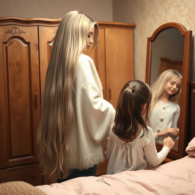 A warm and cozy bedroom scene depicting a mother with exceptionally long, soft, and flowing hair that is down and not tied, standing next to a wardrobe