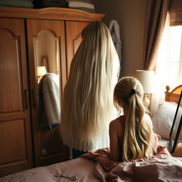 A warm and cozy bedroom scene depicting a mother with exceptionally long, soft, and flowing hair that is down and not tied, standing next to a wardrobe