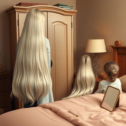 A warm and cozy bedroom scene depicting a mother with exceptionally long, soft, and flowing hair that is down and not tied, standing next to a wardrobe