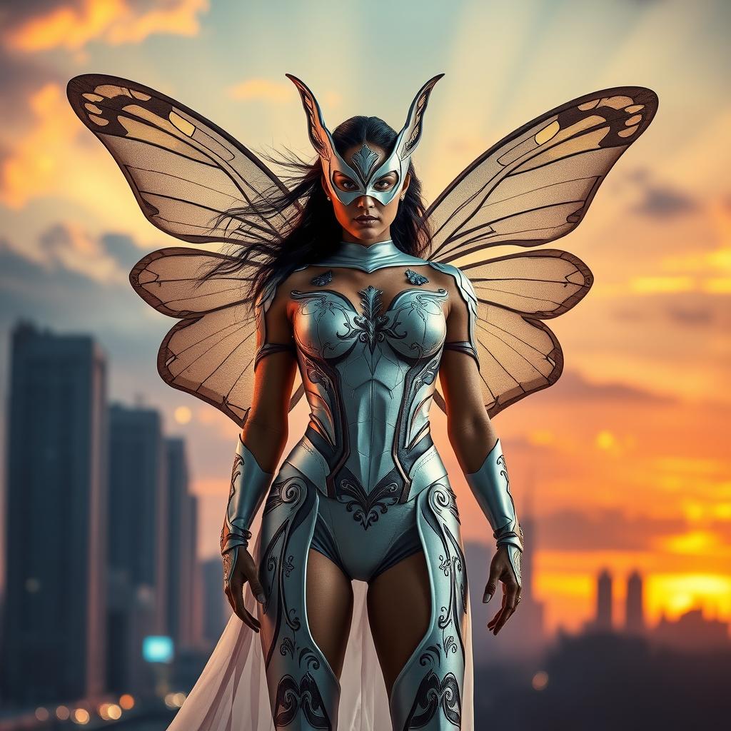 A cinematic superhero action movie poster featuring a 27-year-old Indian woman mutant with butterfly powers