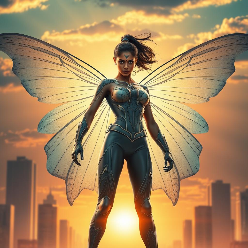 A cinematic superhero action movie poster featuring a 27-year-old Indian woman mutant with butterfly powers