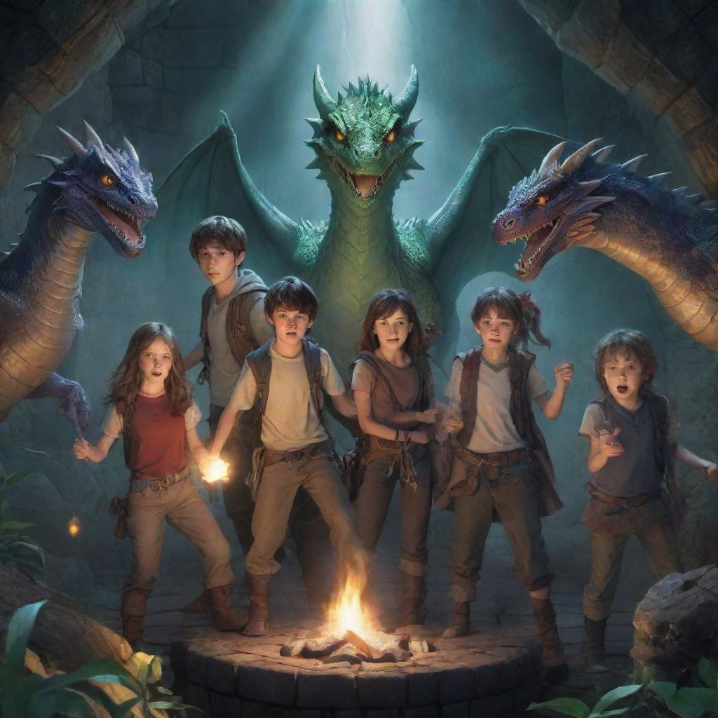 Six teenagers, three boys and three girls, bravely exploring a magical dungeon teeming with an array of mystical dragons.