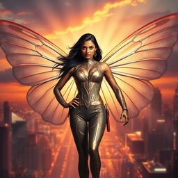 A cinematic superhero action movie poster featuring a 27-year-old Indian woman mutant with butterfly powers