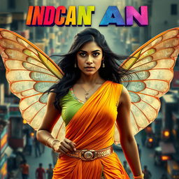 A cinematic superhero action movie poster featuring a 27-year-old Indian woman with a look of determination, embodying the essence of an innocent mutant