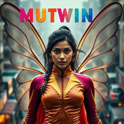 A cinematic superhero action movie poster featuring a 27-year-old Indian woman with a look of determination, embodying the essence of an innocent mutant