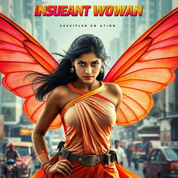 A cinematic superhero action movie poster featuring a 27-year-old Indian woman with a look of determination, embodying the essence of an innocent mutant