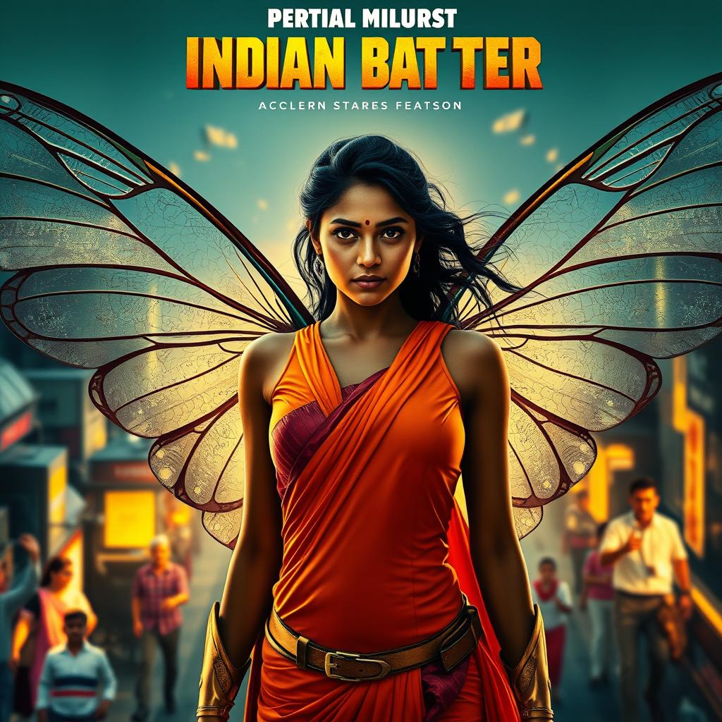 A cinematic superhero action movie poster featuring a 27-year-old Indian woman with a look of determination, embodying the essence of an innocent mutant