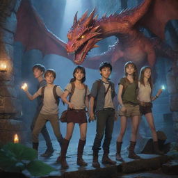 Six teenagers, three boys and three girls, bravely exploring a magical dungeon teeming with an array of mystical dragons.