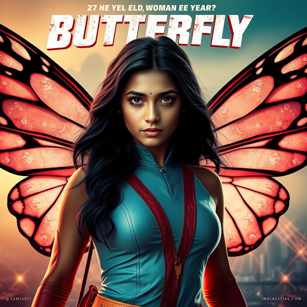 A cinematic superhero action movie poster showcasing a 27-year-old Indian woman with a strong and innocent expression