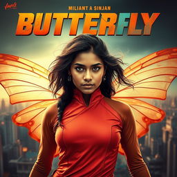 A cinematic superhero action movie poster showcasing a 27-year-old Indian woman with a strong and innocent expression