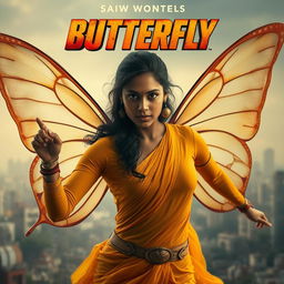 A cinematic superhero action movie poster showcasing a 27-year-old Indian woman with a strong and innocent expression