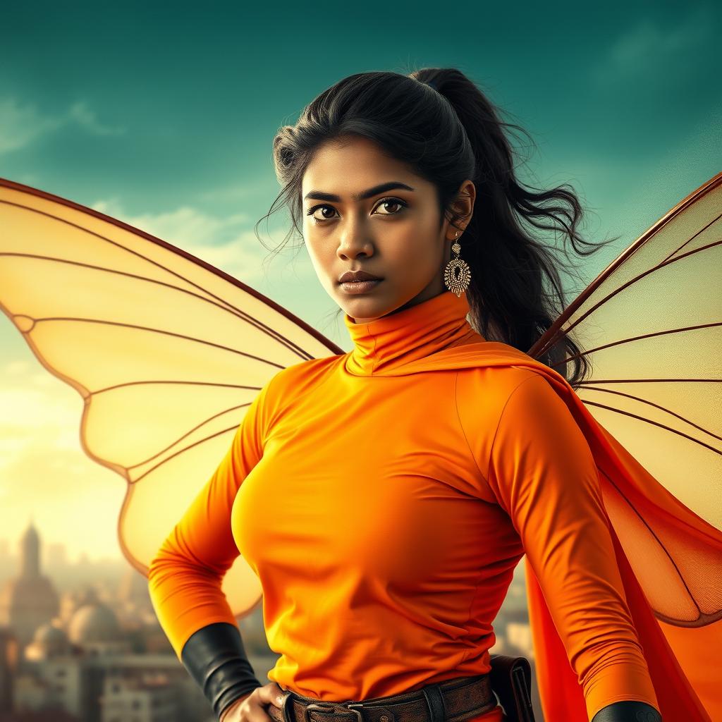 A cinematic superhero action movie poster showcasing a 27-year-old Indian woman with a strong and innocent expression