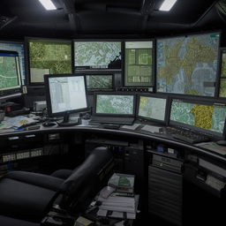 The meticulously organized desk of the SWAT Commander, featuring a high-tech computer setup, detailed maps, critical documents, and vital communication equipment.