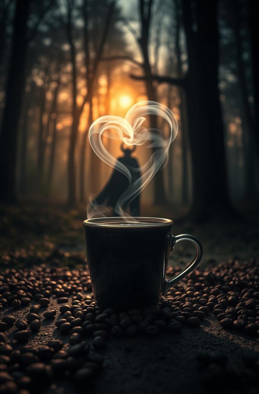 A mystical forest scene in dusk light, featuring a steaming cup of coffee surrounded by coffee beans