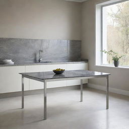 A sleek, gleaming kitchen table with a stainless steel frame, topped with a polished grey marble surface. It exudes modern and minimalist vibes against a neutral backdrop.