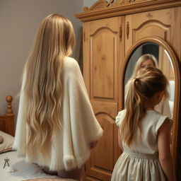 A cozy bedroom scene featuring a mother with long, very soft, and flowing hair that is down and not tied