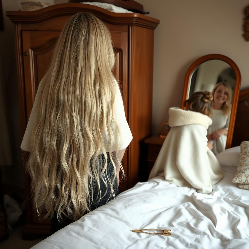 A cozy bedroom scene featuring a mother with long, very soft, and flowing hair that is down and not tied