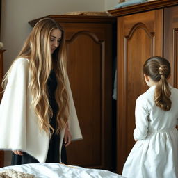 A cozy bedroom scene featuring a mother with long, very soft, and flowing hair that is down and not tied