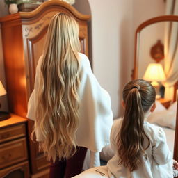 A cozy bedroom scene featuring a mother with long, very soft, and flowing hair that is down and not tied