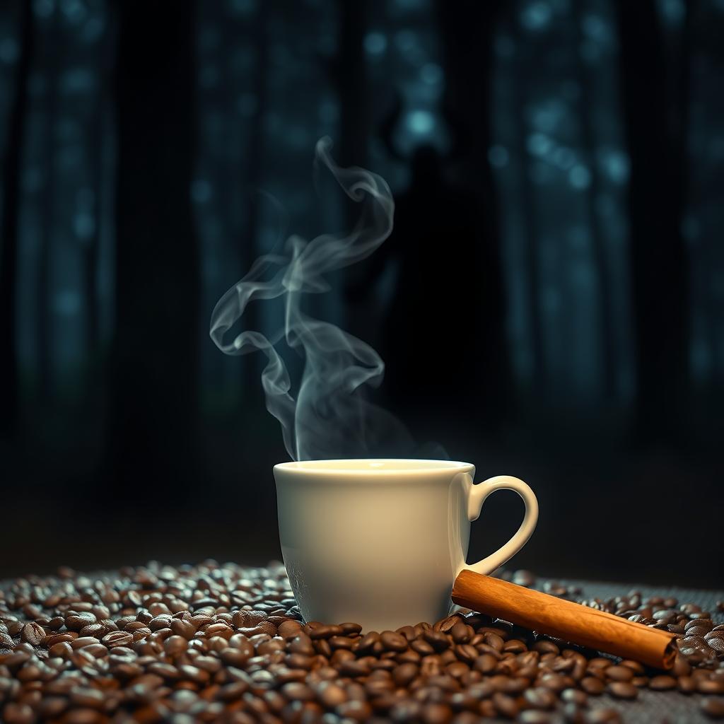 A serene forest scene with dim lighting, where coffee grains scatter on the ground and a steaming cup of coffee sits prominently