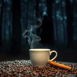 A serene forest scene with dim lighting, where coffee grains scatter on the ground and a steaming cup of coffee sits prominently