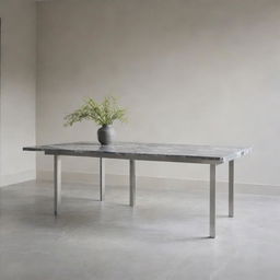 A sleek, gleaming kitchen table with a stainless steel frame, topped with a polished grey marble surface. It exudes modern and minimalist vibes against a neutral backdrop.