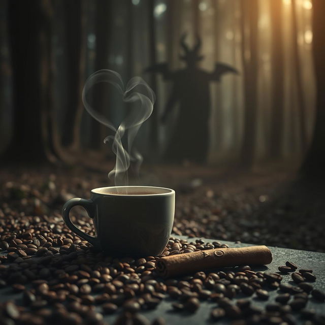 A serene forest scene with dim lighting, where coffee grains scatter on the ground and a steaming cup of coffee sits prominently