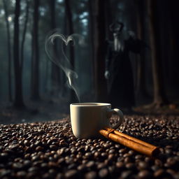 A serene forest scene with dim lighting, where coffee grains scatter on the ground and a steaming cup of coffee sits prominently